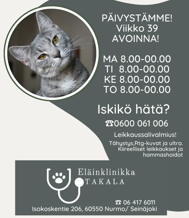 Viikolla 39 palvelemme seuraavaksi! 🤍
Päivystysnumero 0600 061 006